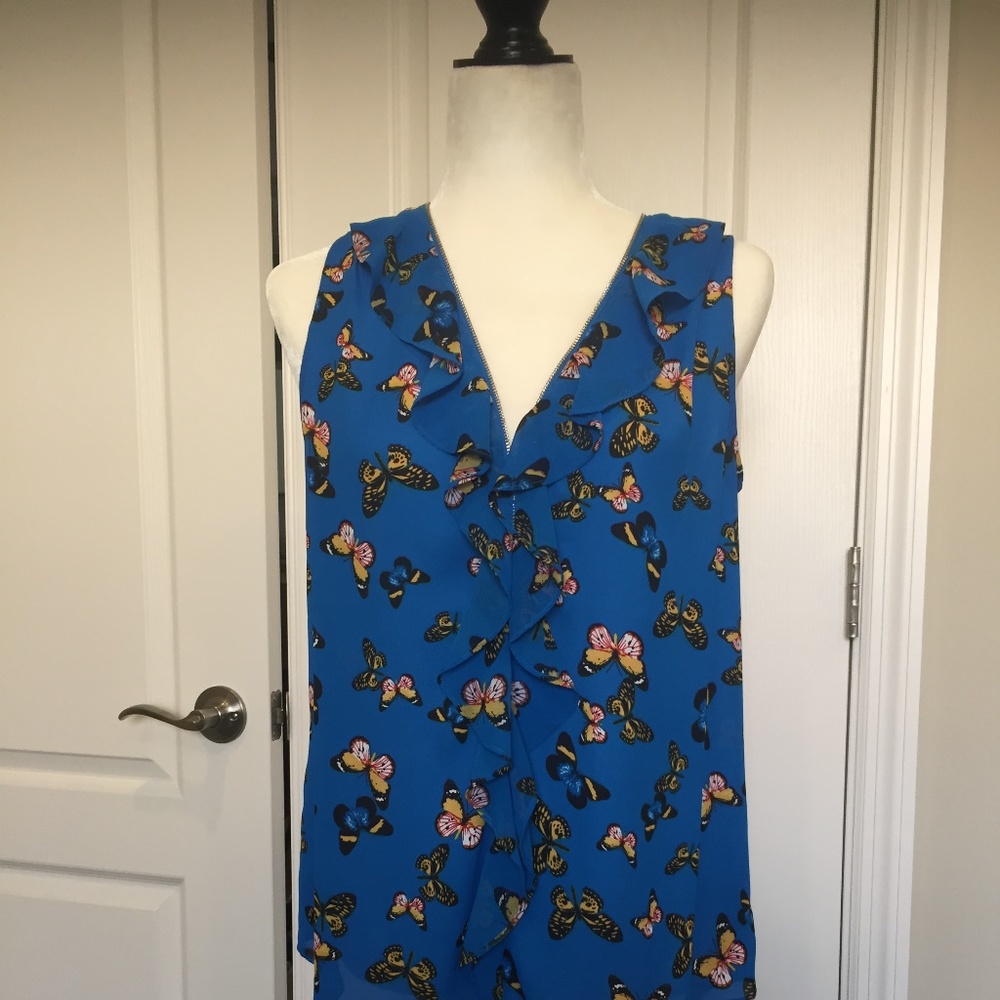 INC blue sleeveless v neck top zip front Sz M